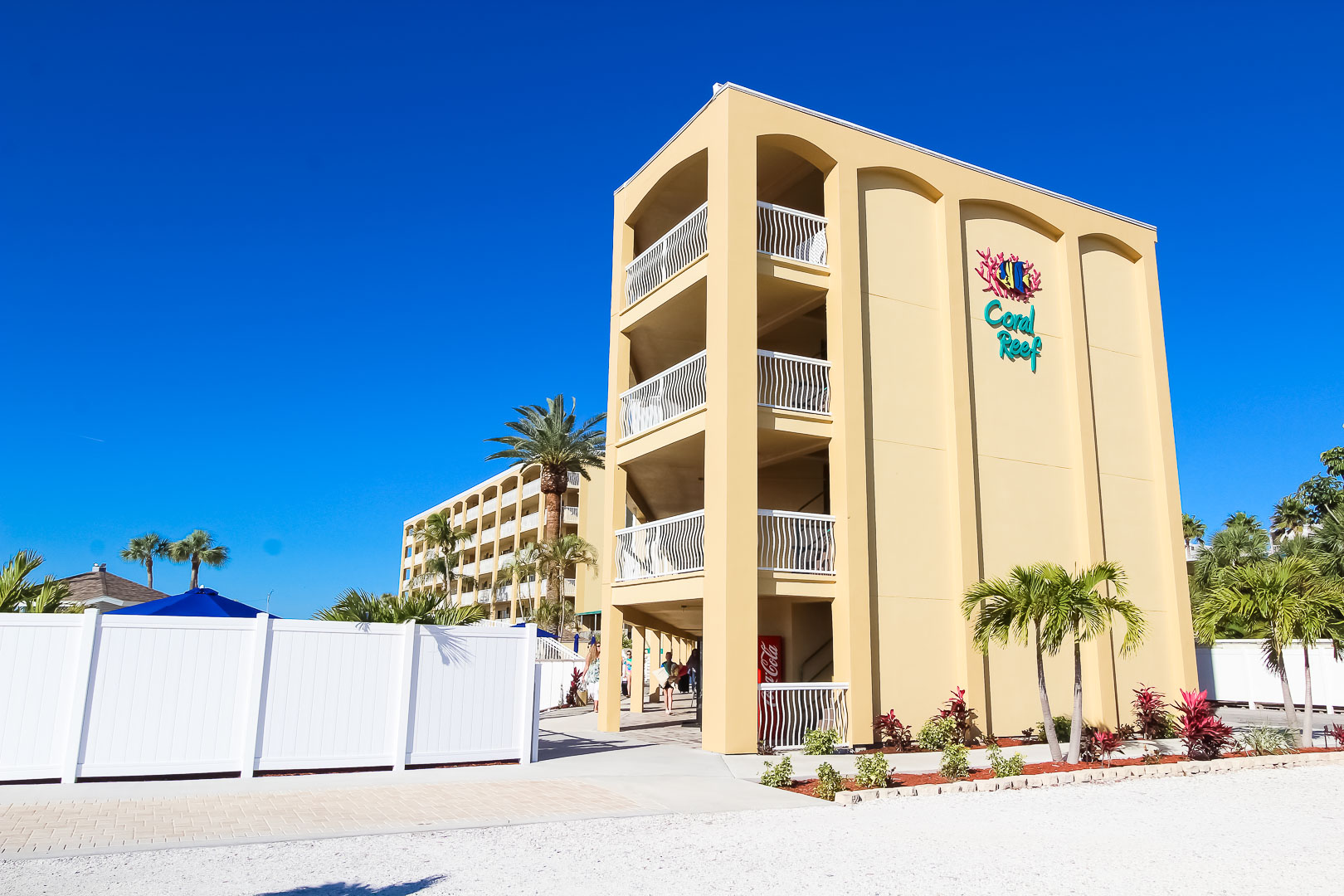A view of the exterior building of VRI's Coral Reef Beach Resort in St. Pete Beach, Florida.